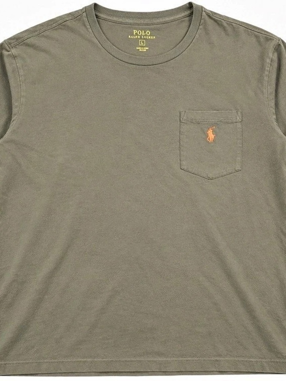 Polo Ralph Lauren Mens Large Long Sleeve Pocket T Shirt Olive Green Orange Pony